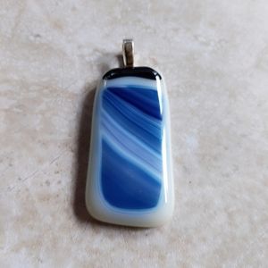 Vintage Handmade Blue & White Fused Art Glass Rectangular Pendant